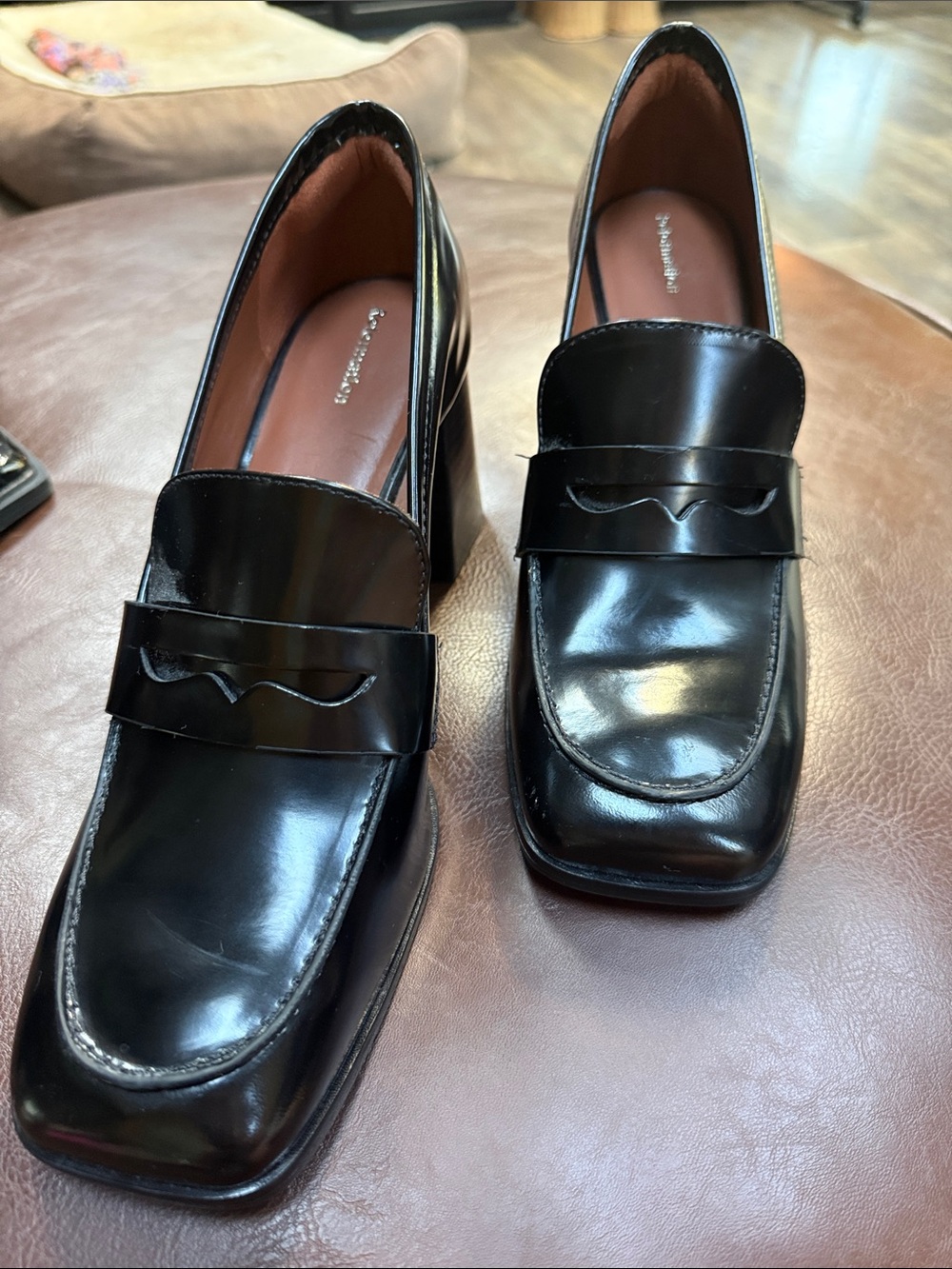 Reformation Black Patent Leather Square-Toe Penny Loafers